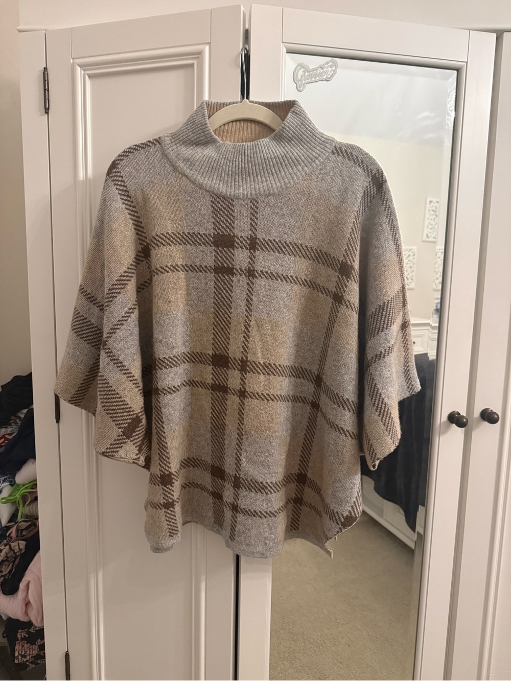 Anita Beige and Brown Plaid Turtleneck Poncho Sweater
